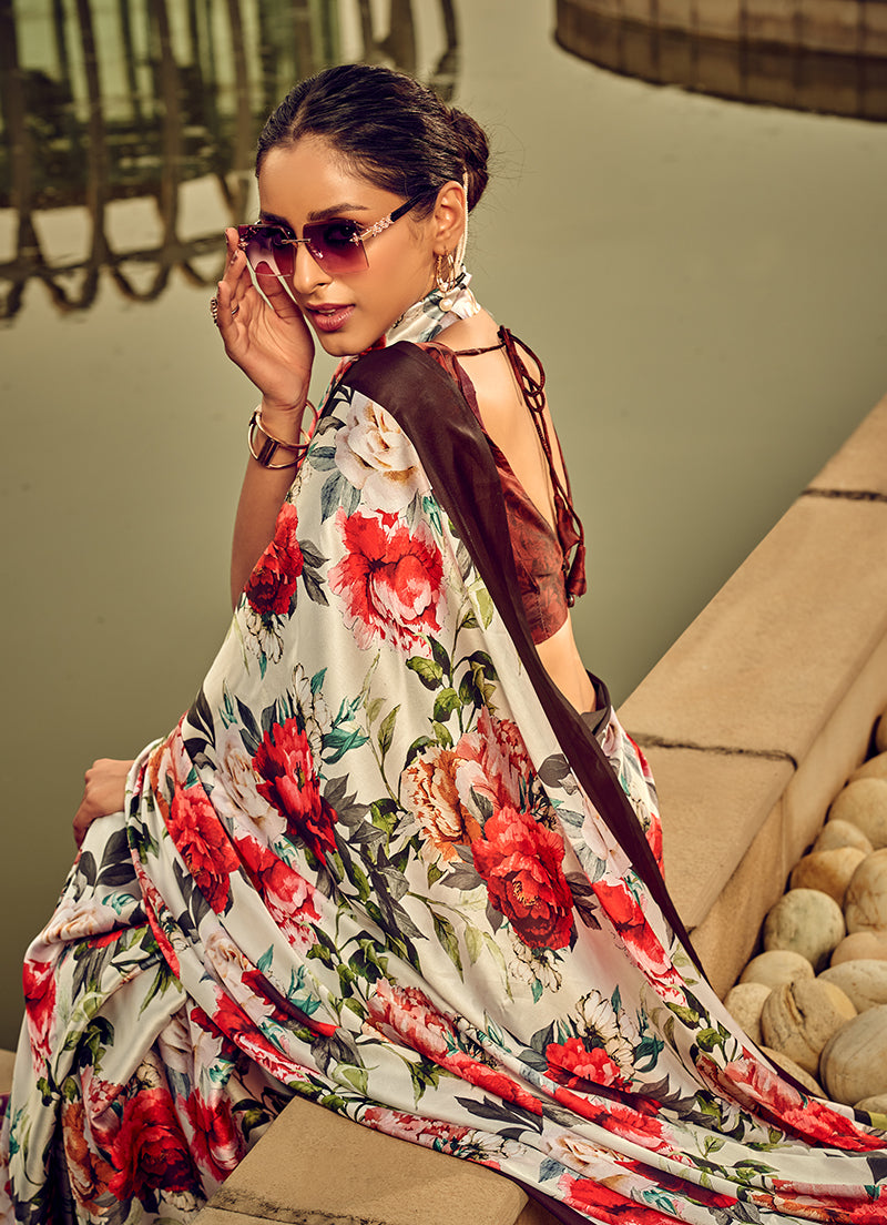 Off-White & Red Digital Print Satin Silk Cocktail Saree