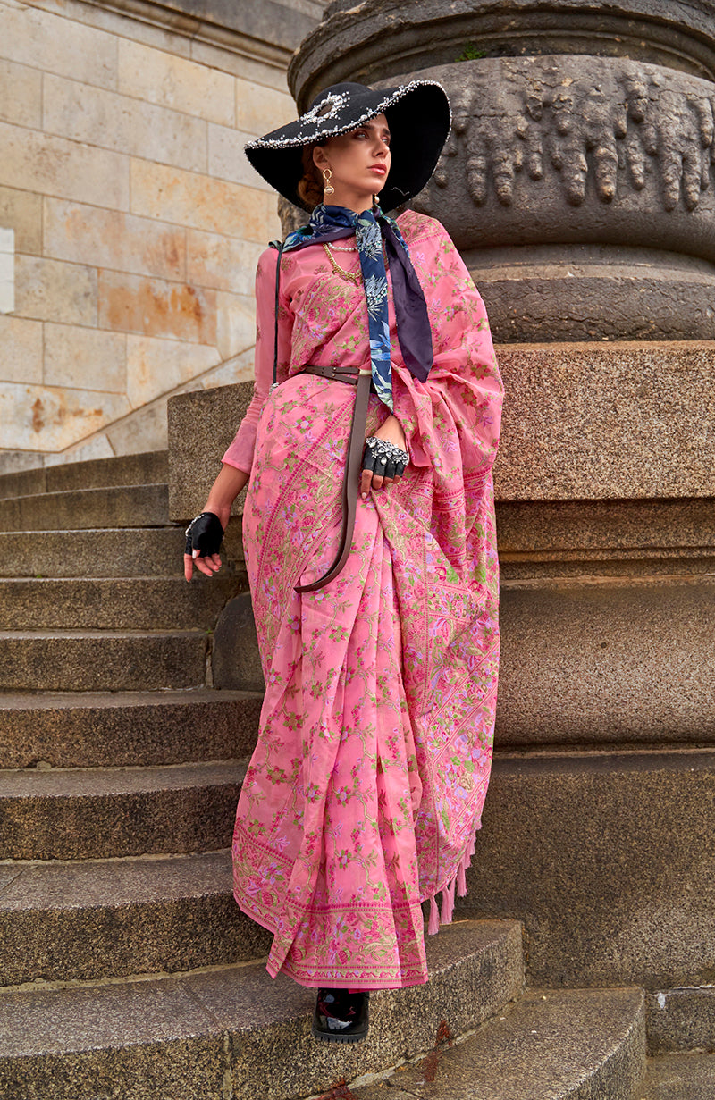 Pink Embellished Organza Woven Contemporary Saree