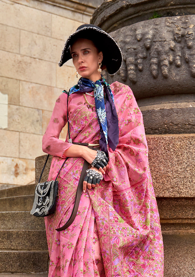 Pink Embellished Organza Woven Contemporary Saree