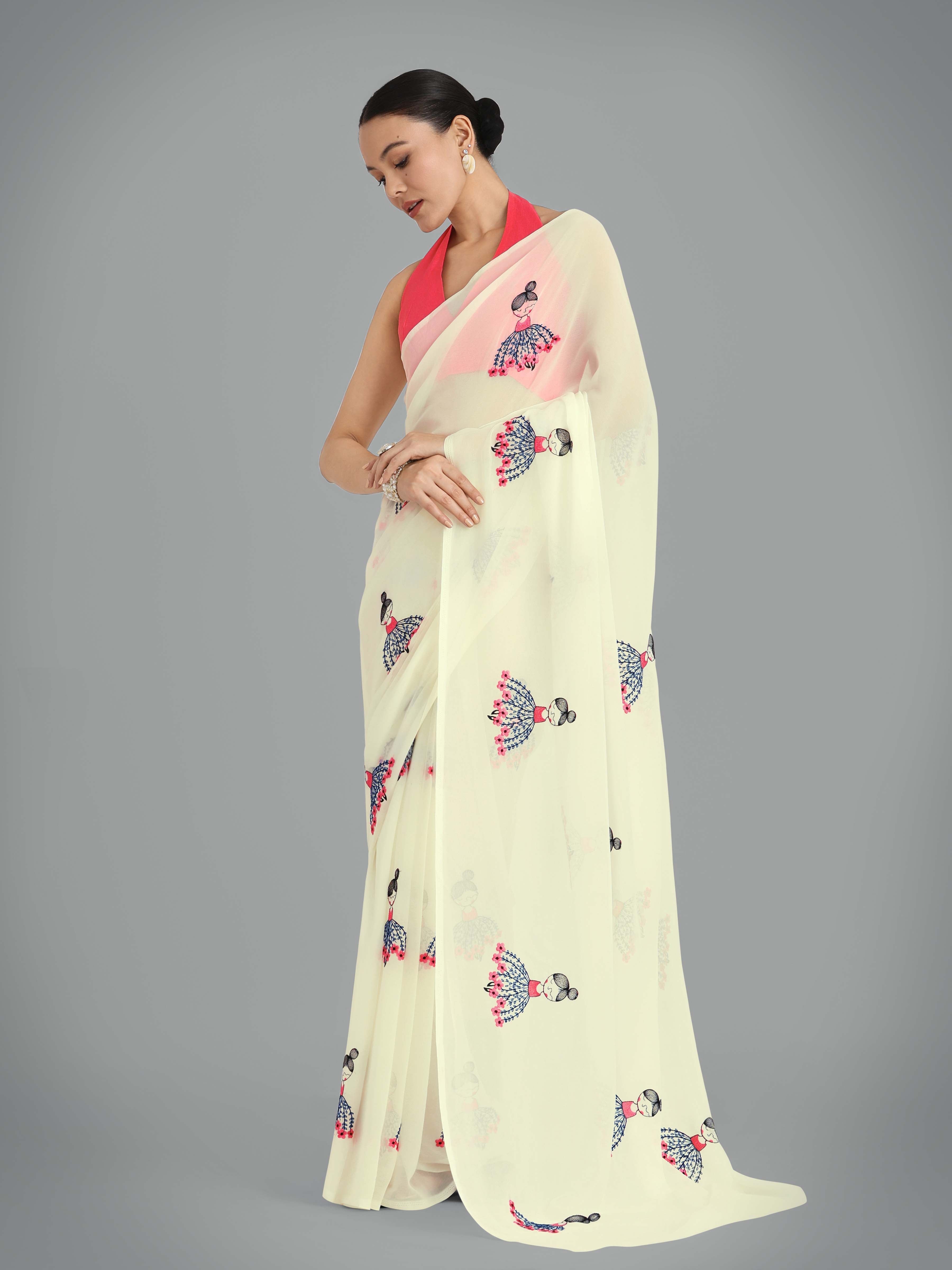 Beige Georgette Embroidered Work Party Wear Saree