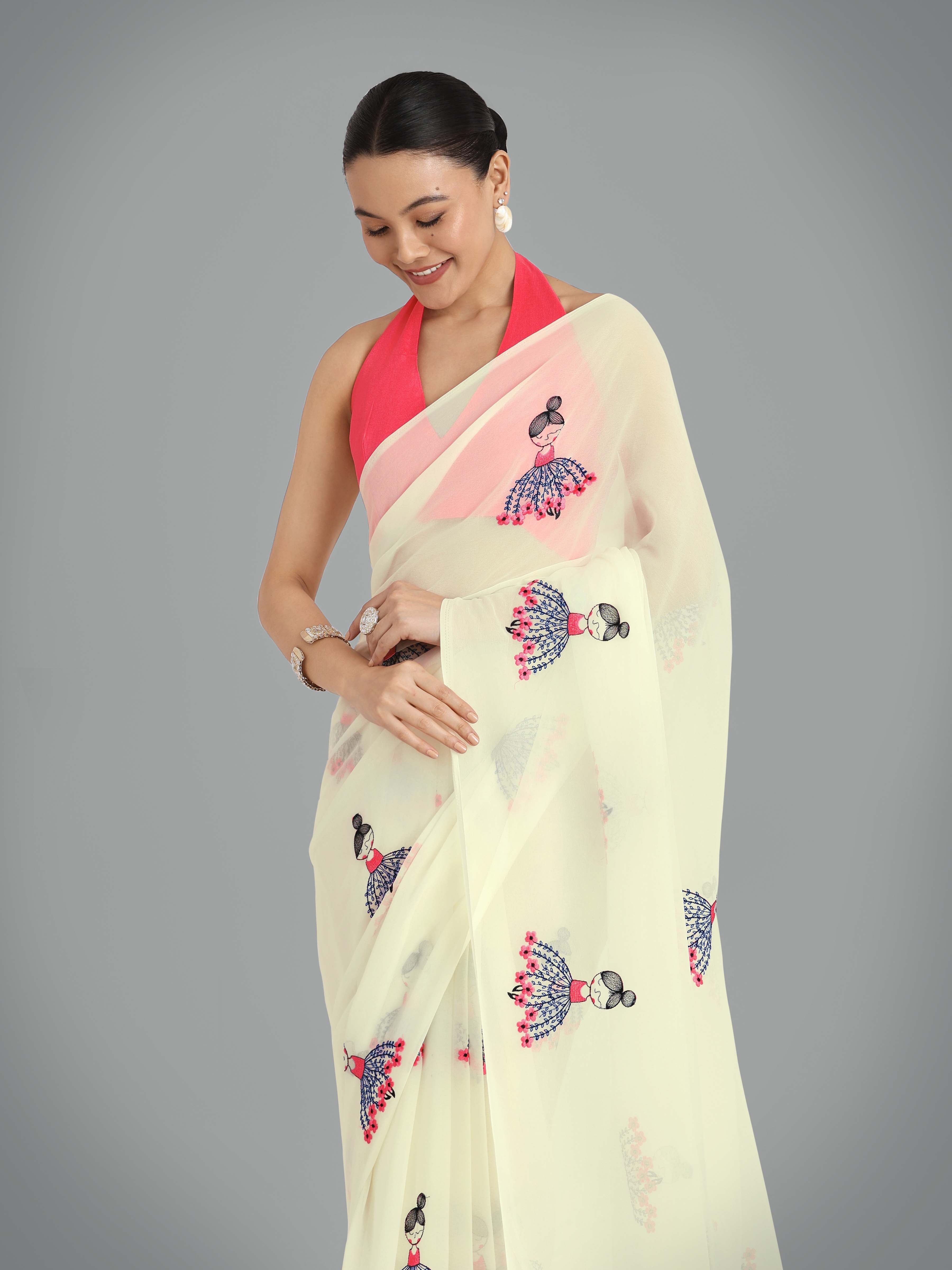 Beige Georgette Embroidered Work Party Wear Saree