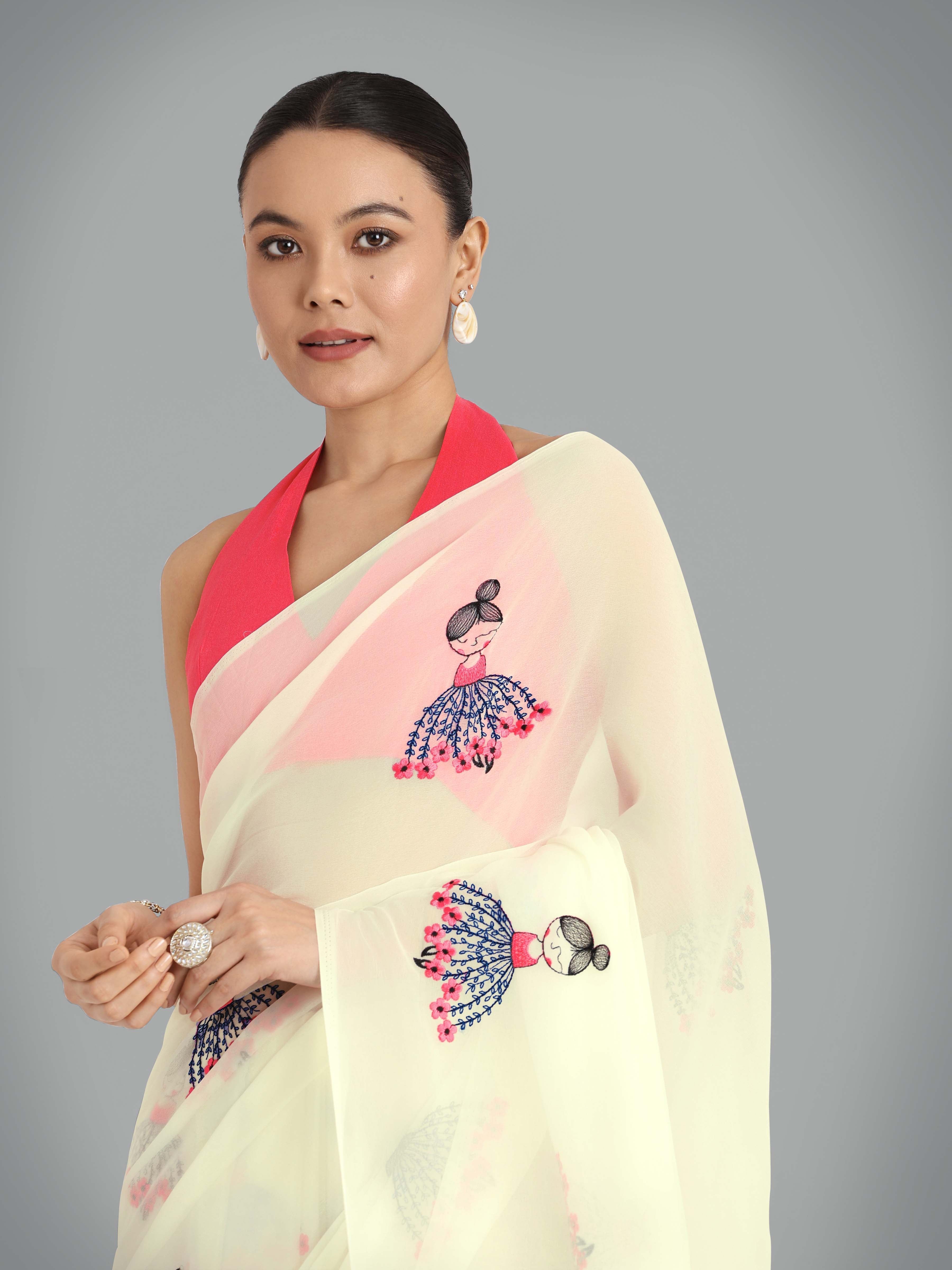 Beige Georgette Embroidered Work Party Wear Saree