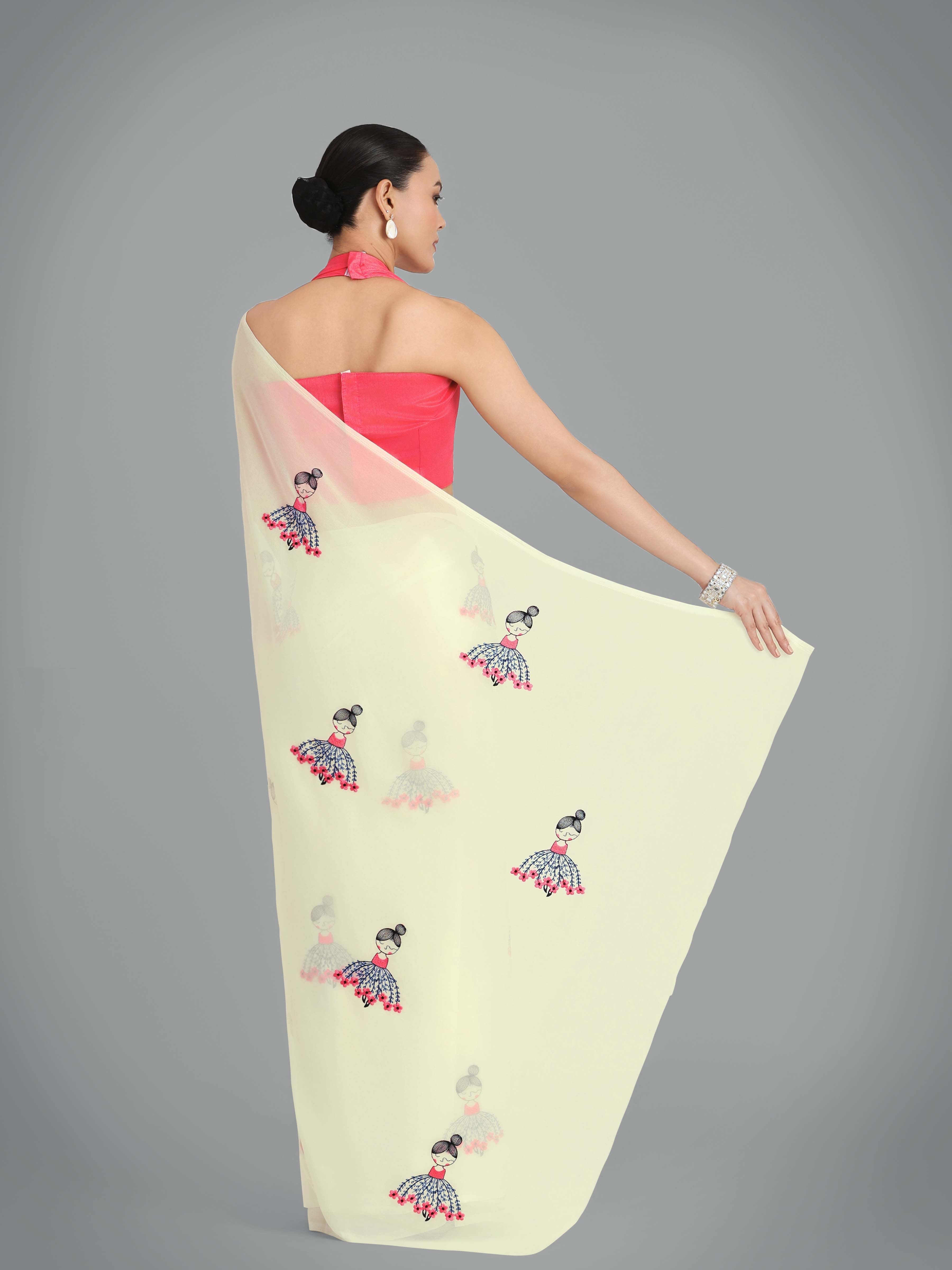 Beige Georgette Embroidered Work Party Wear Saree