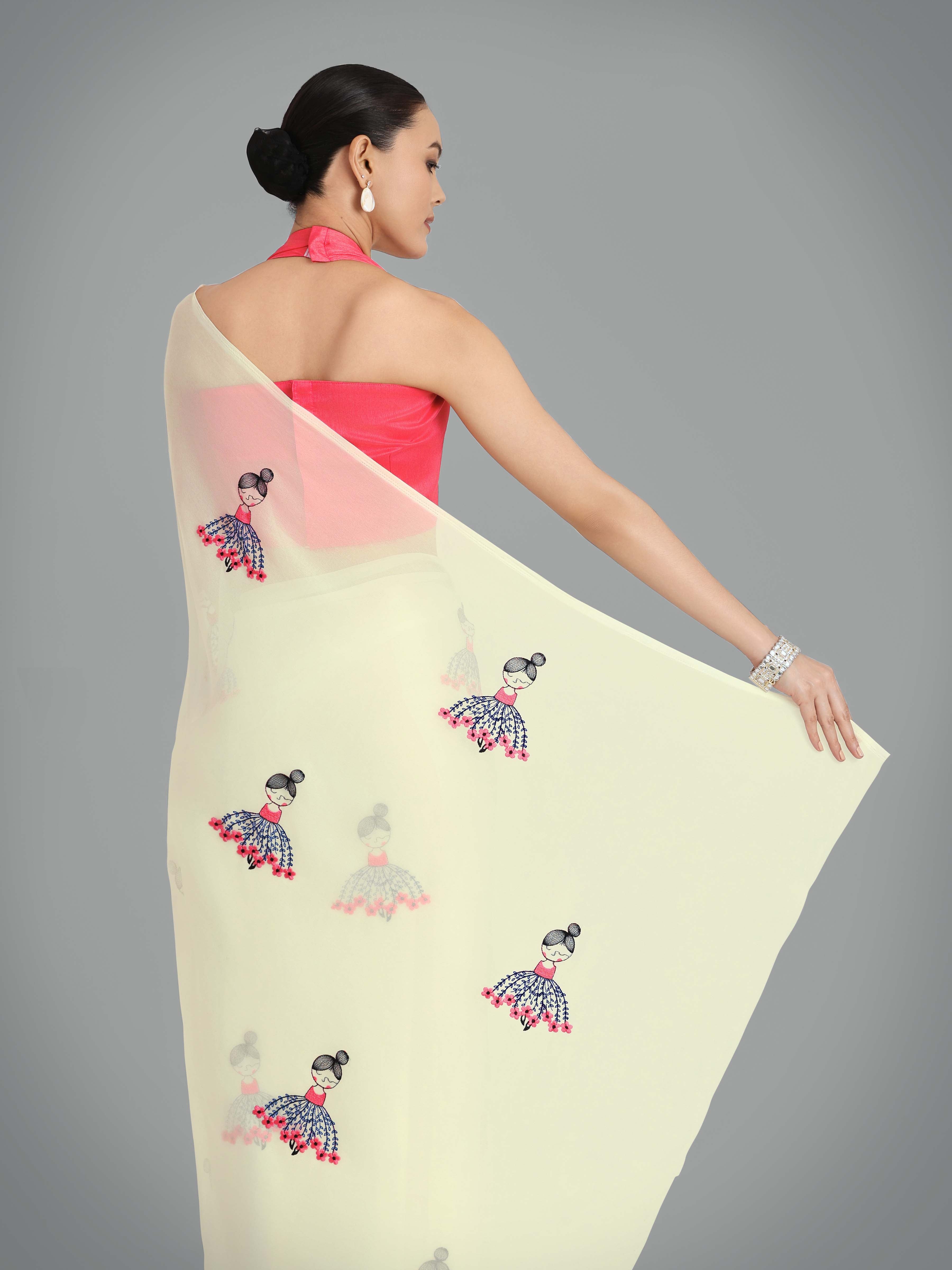 Beige Georgette Embroidered Work Party Wear Saree