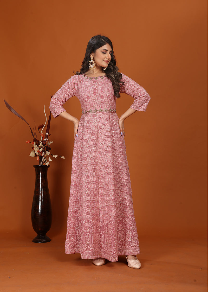 Pink Faux Georgette Embroidered Readymade Gown