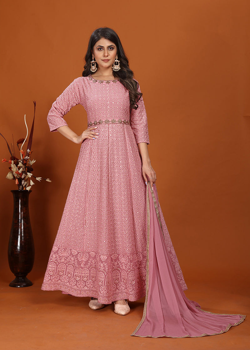 Pink Faux Georgette Embroidered Readymade Gown
