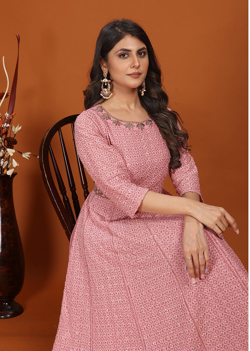 Pink Faux Georgette Embroidered Readymade Gown