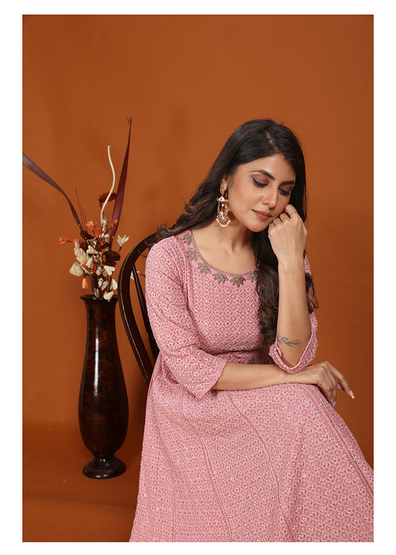 Pink Faux Georgette Embroidered Readymade Gown
