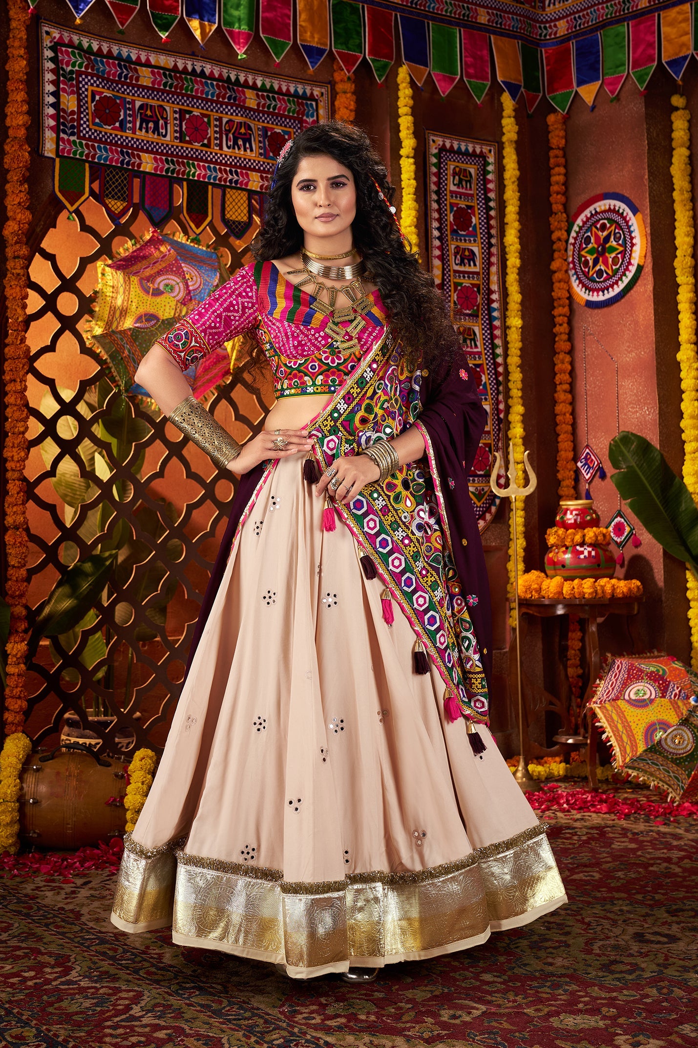 Beige Navratri Lehenga Choli in Viscose Cotton with Kutchi Mirror Work