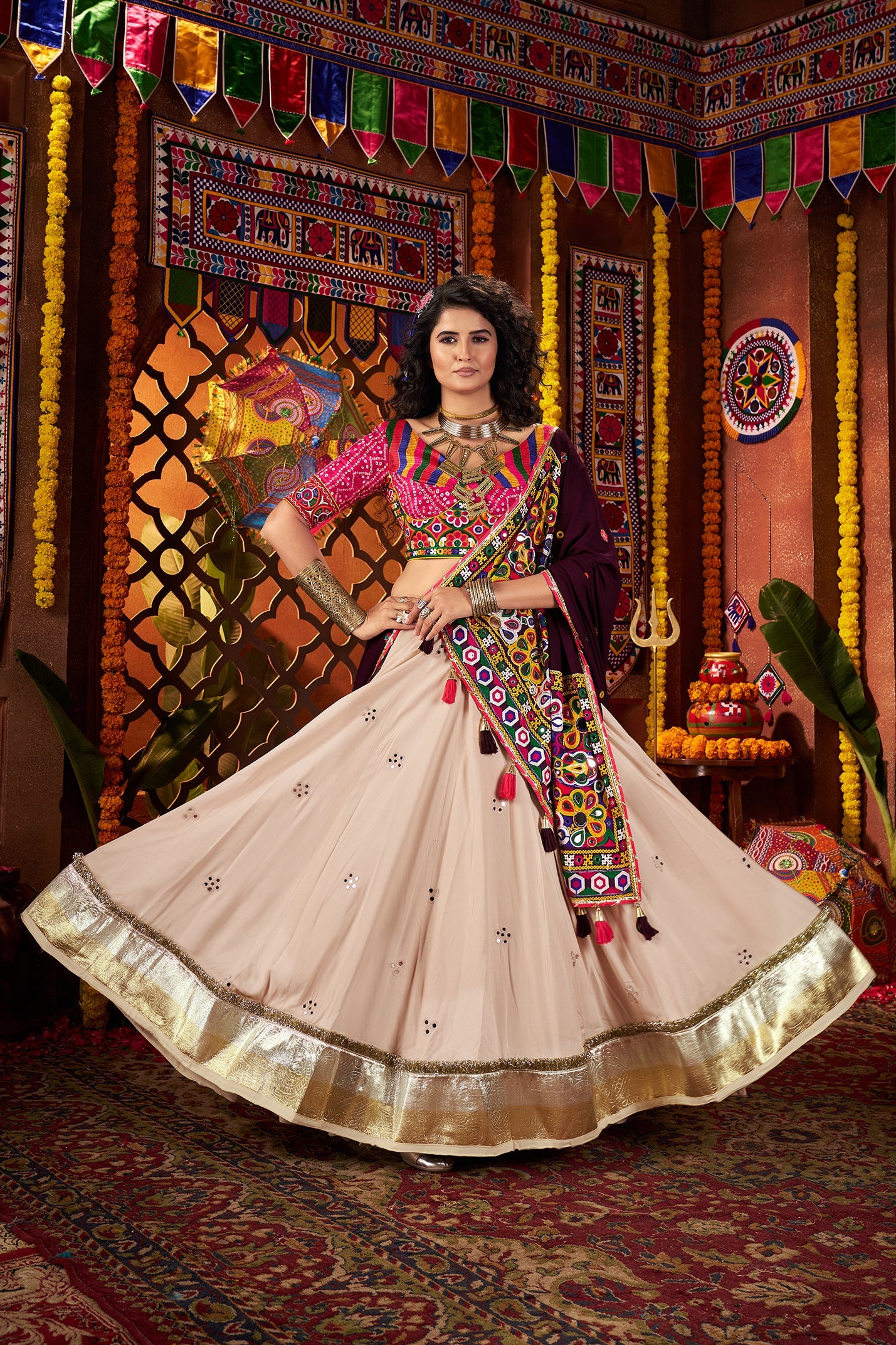 Beige Navratri Lehenga Choli in Viscose Cotton with Kutchi Mirror Work