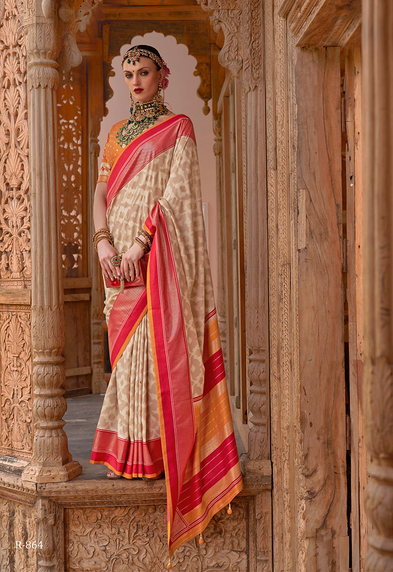 Beige Patola Silk Zari Weaving Work Saree With Contrast Blouse