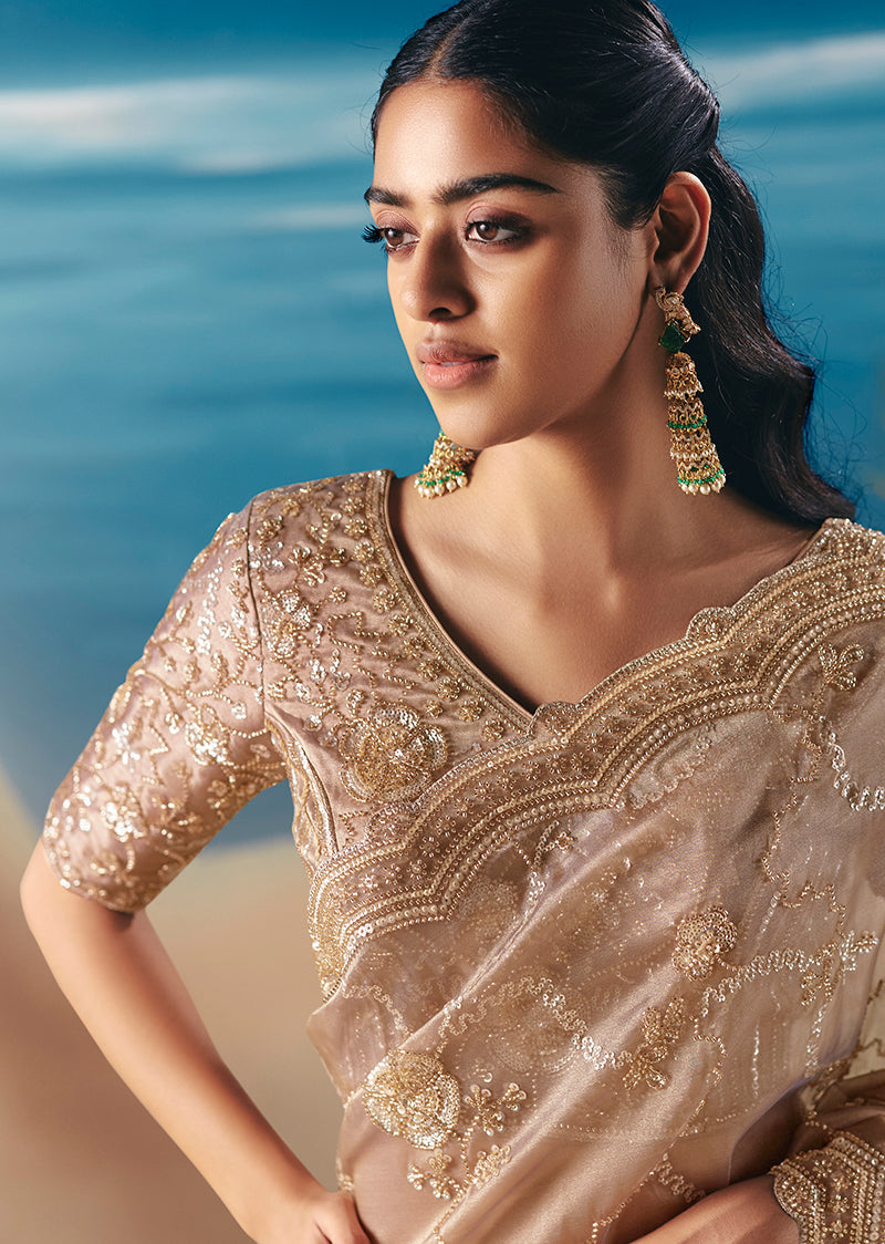 Beige Premium Fancy Fabric With Designer Embroidery Sequence Work Saree