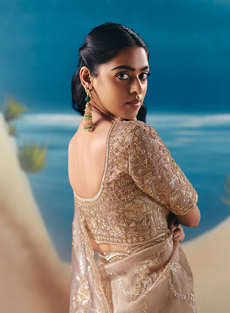 Beige Premium Fancy Fabric With Designer Embroidery Sequence Work Saree