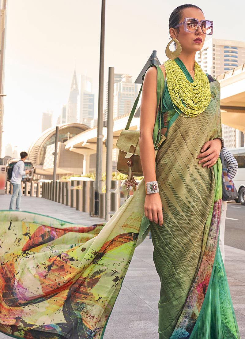 Beige Satin Digital Print Saree