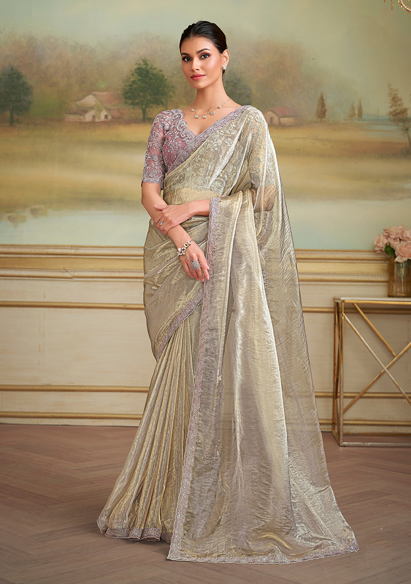 Beige Tissue Georgette Embroidered Border Party Trendy Saree