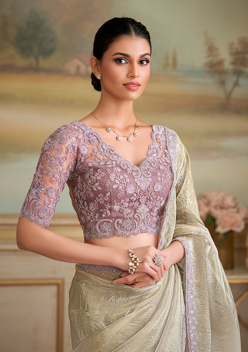 Beige Tissue Georgette Embroidered Border Party Trendy Saree