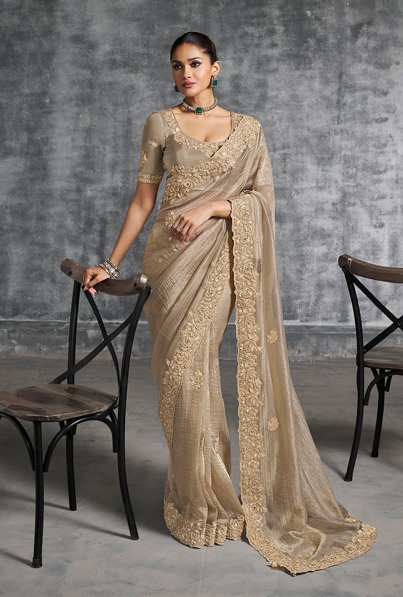 Beige Tissue Traditional Saree with Embroidered, Resham and Thread Work for Ceremonial