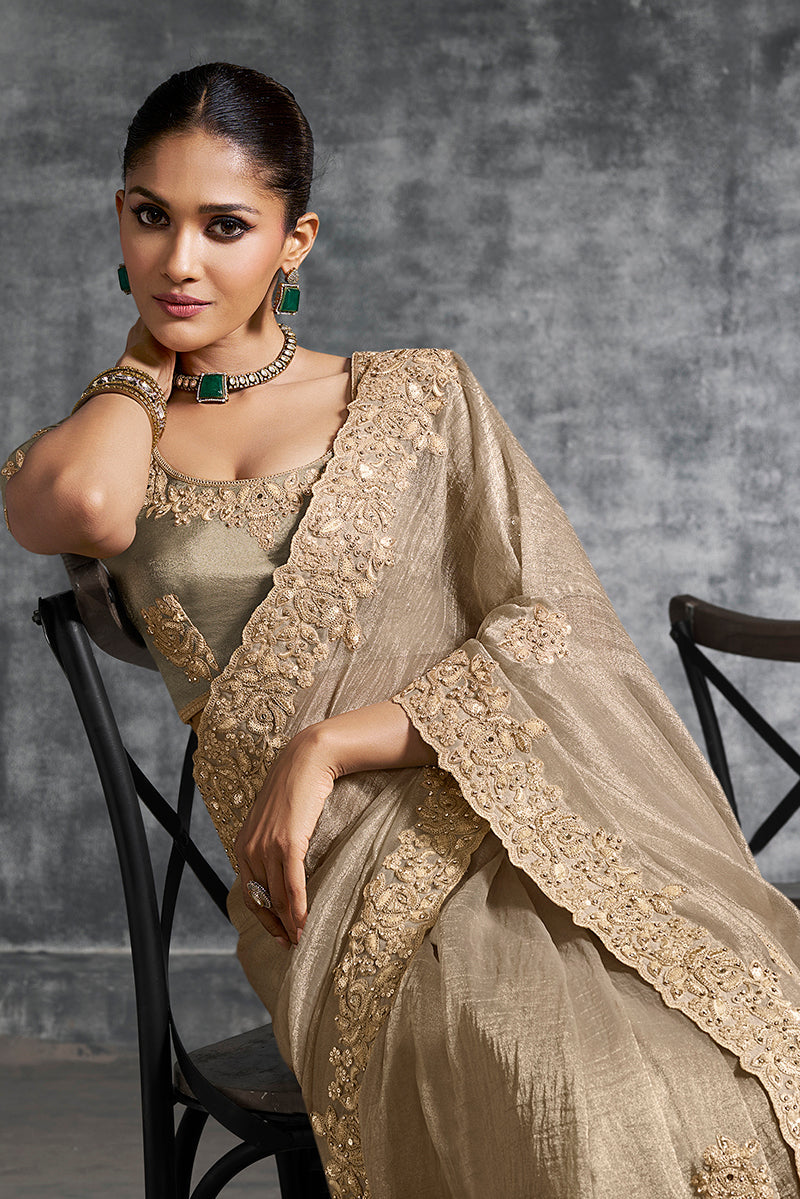 Beige Tissue Traditional Saree with Embroidered, Resham and Thread Work for Ceremonial