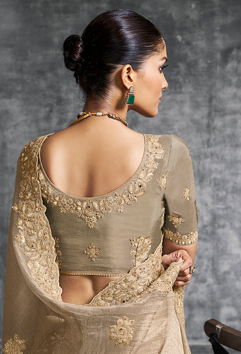 Beige Tissue Traditional Saree with Embroidered, Resham and Thread Work for Ceremonial