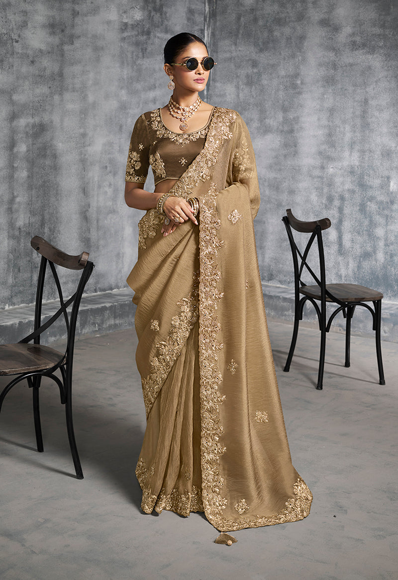 Beige Tissue Traditional Saree with Embroidered, Resham and Thread Work for Ceremonial