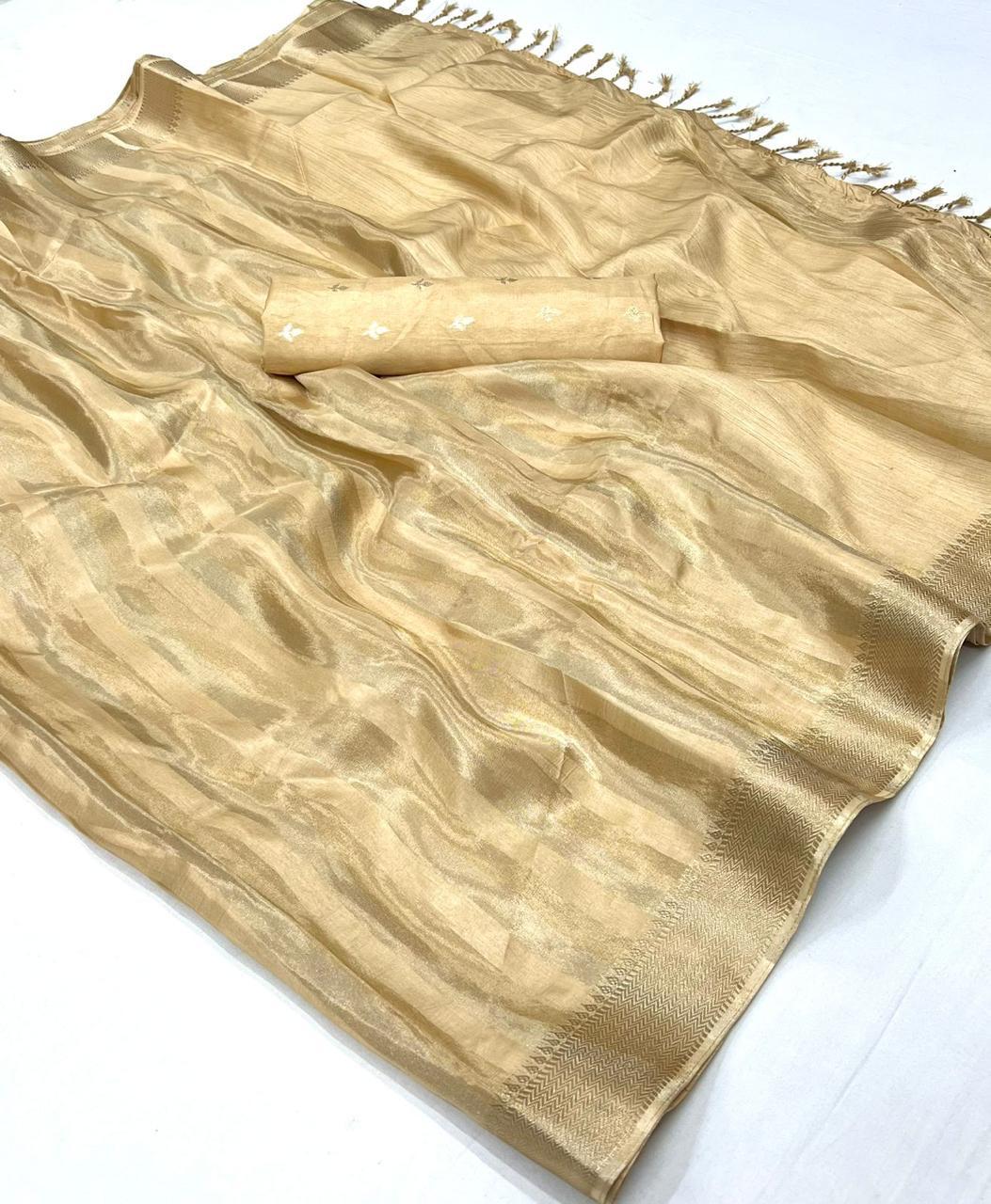 Beige Traditional Zari Woven Viscose Silk Saree