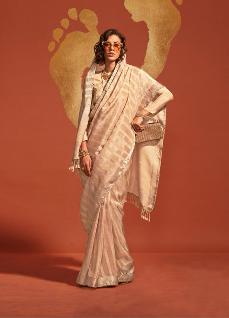 Beige Traditional Zari Woven Viscose Silk Saree