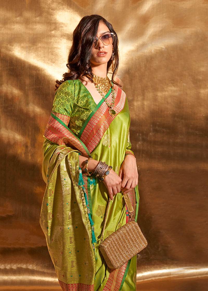 Pear Green Banarasi Satin Silk Zari Woven Designer Saree
