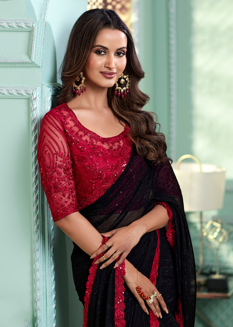 Black Chiffon Sequins Embellished Scalloped Border Saree