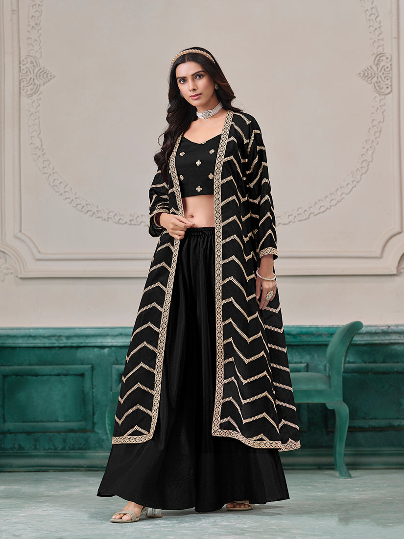 Black Chinon Embroidered Zari Readymade Salwar Kameez