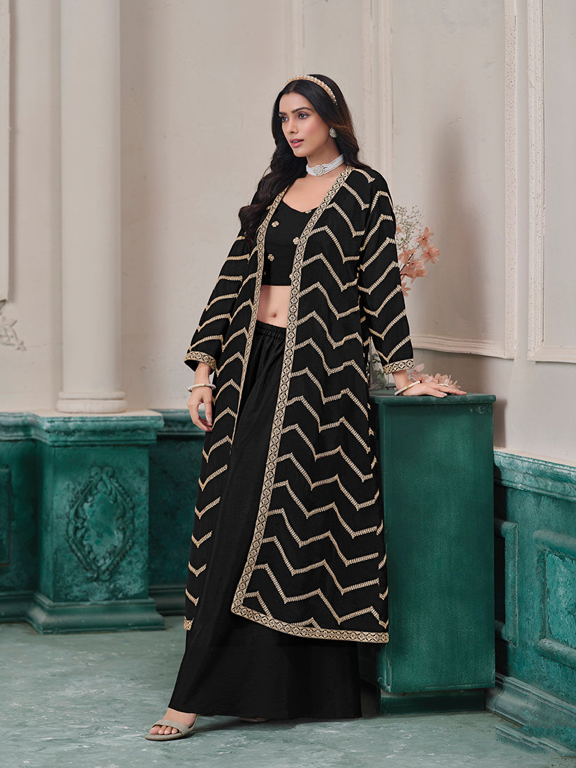 Black Chinon Embroidered Zari Readymade Salwar Kameez