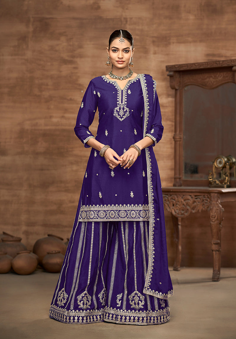 Navy blue Chinon Embroidered Zari Work Wedding Wear Palazzo Suit
