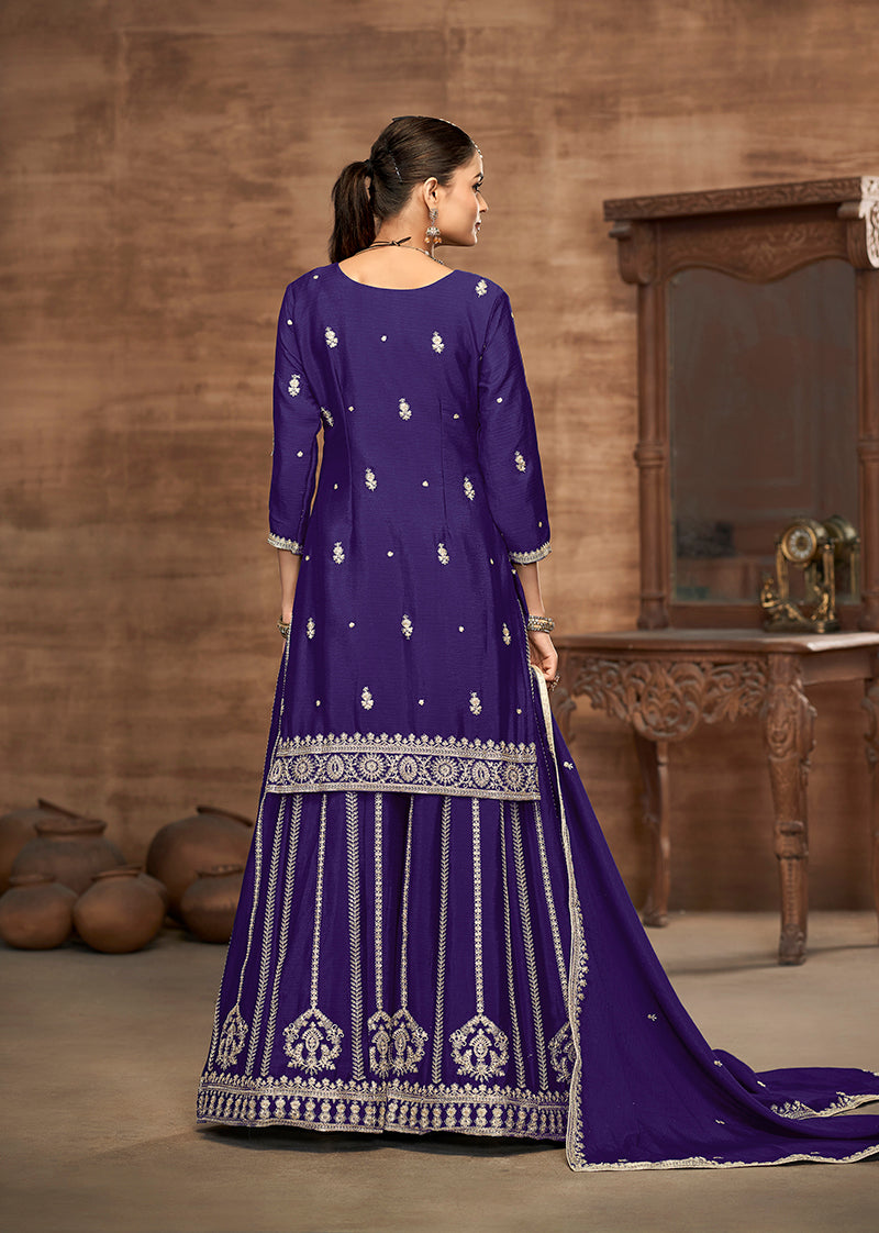 Navy blue Chinon Embroidered Zari Work Wedding Wear Palazzo Suit