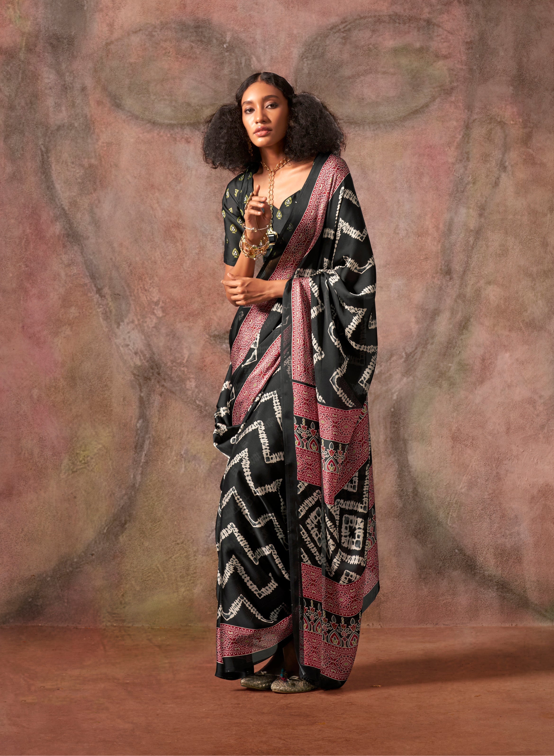 Black Color Ajrakh Print With Bandhej Pattern Satin Georgette Saree