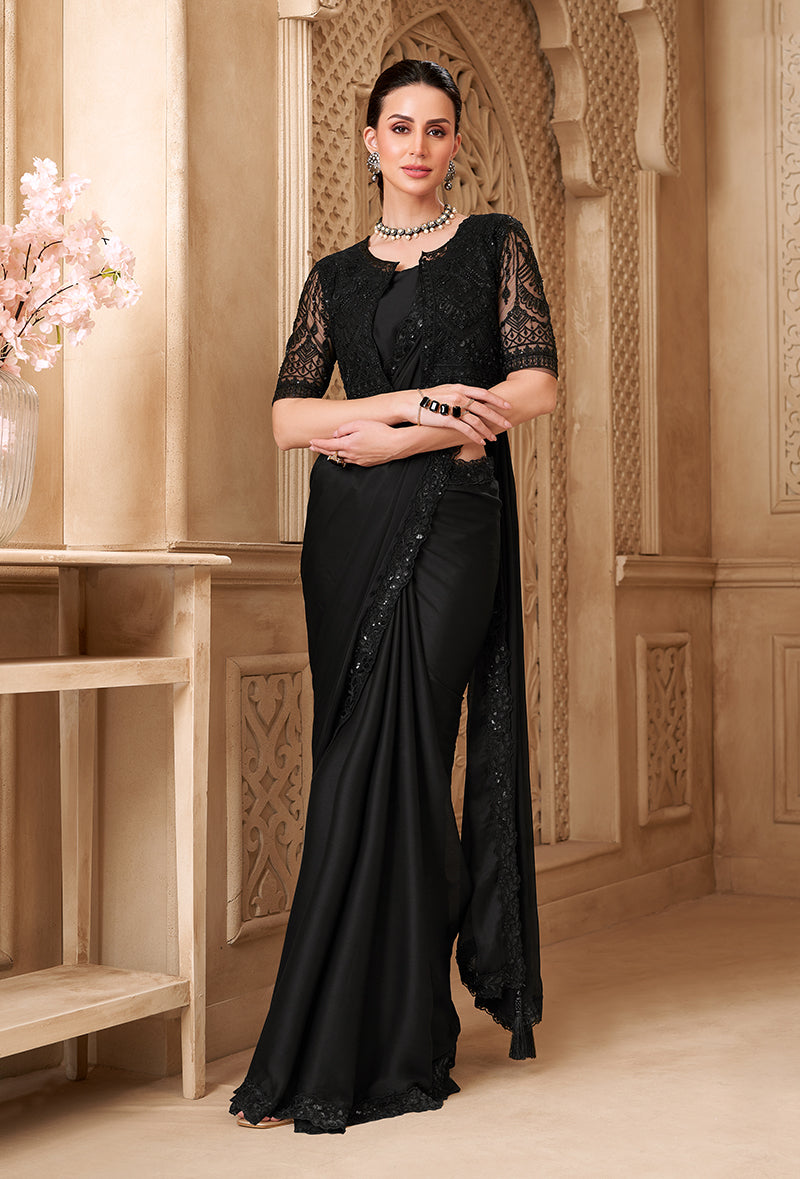 Black Color Satin Georgette Fancy Designer Festival Saree With Jacket Style Blouse