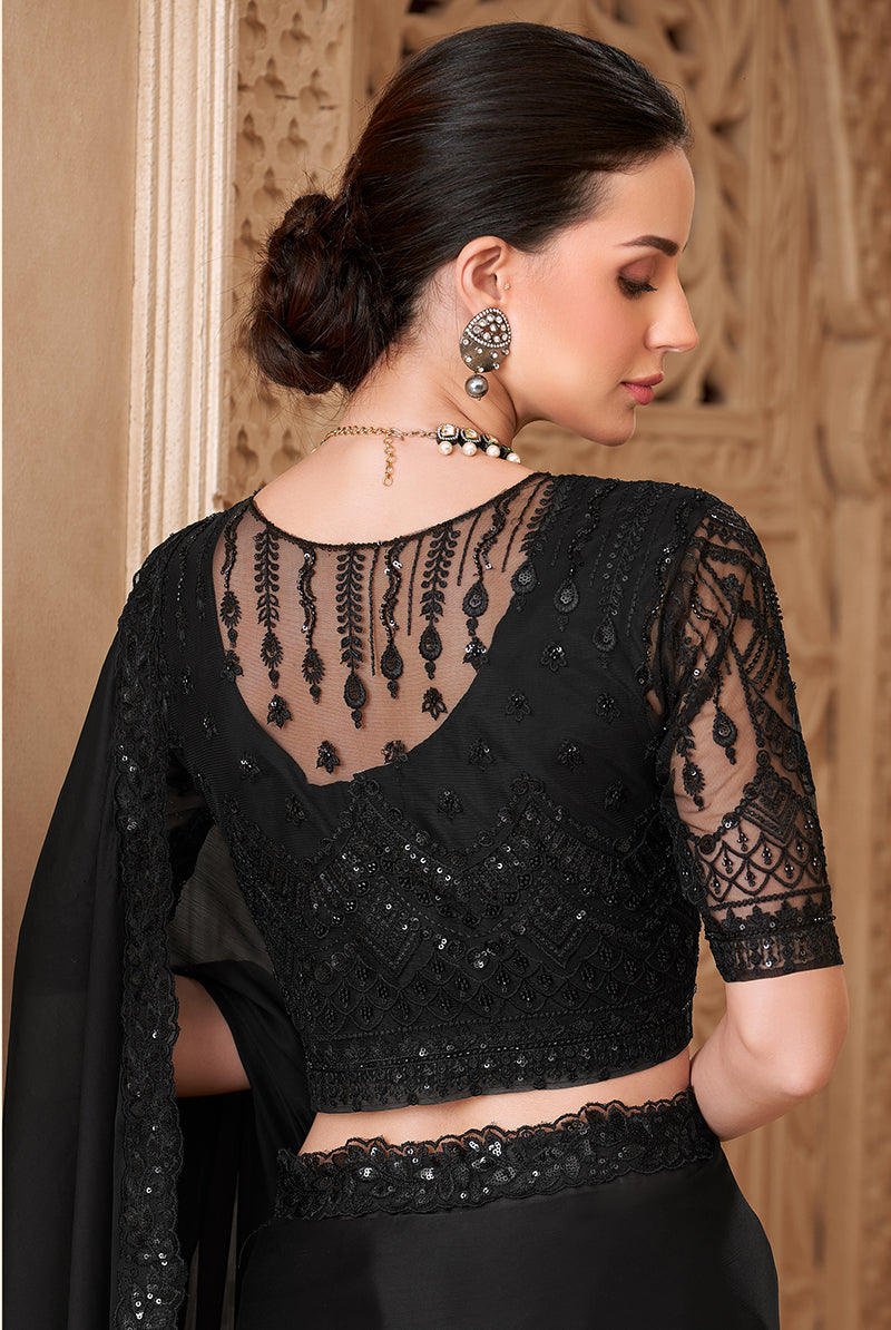 Black Color Satin Georgette Fancy Designer Festival Saree With Jacket Style Blouse