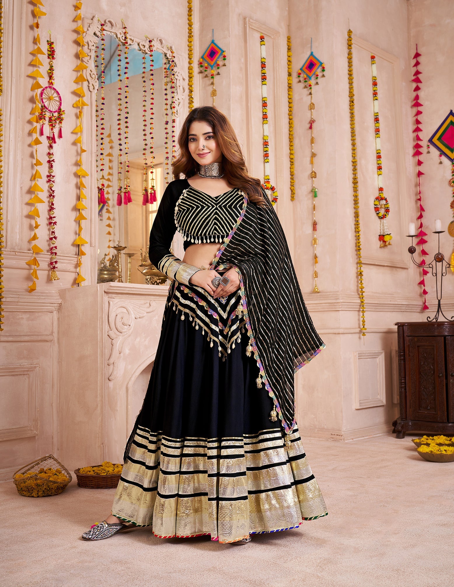 Black Designer Viscose Cotton Navratri Chaniya Choli Set