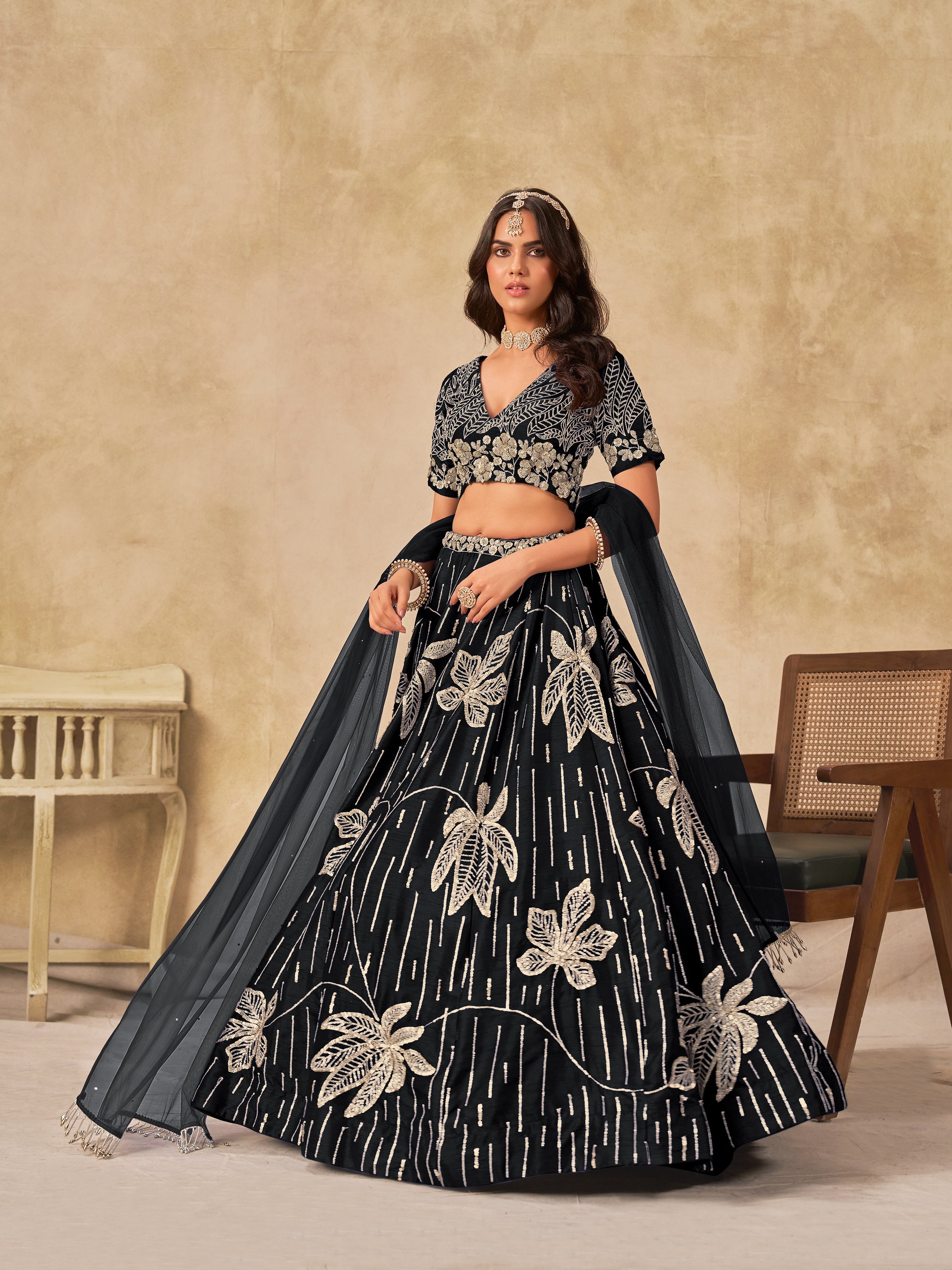 Black Embroidered Art Silk Reception Trendy Lehenga Choli