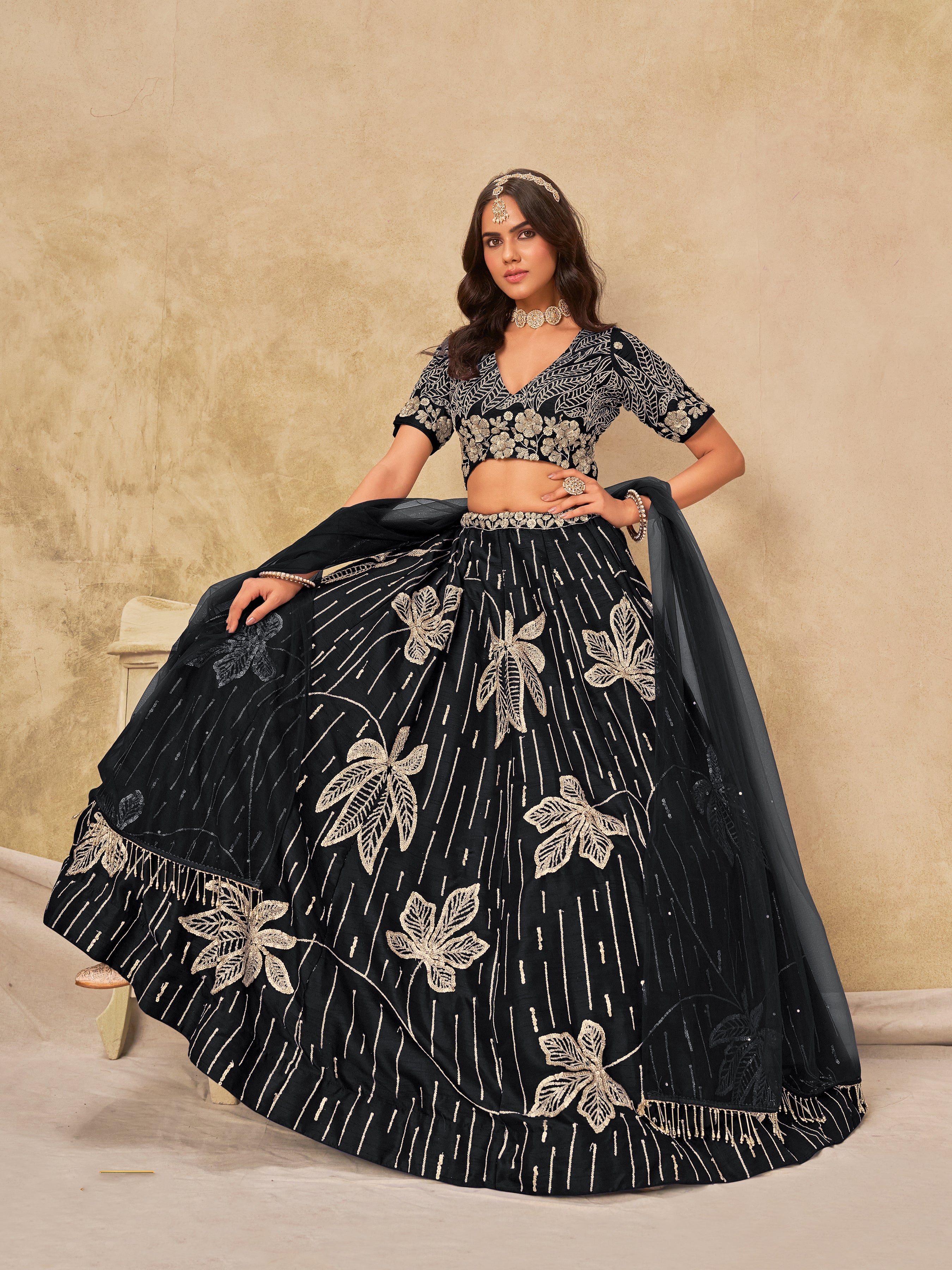 Black Embroidered Art Silk Reception Trendy Lehenga Choli