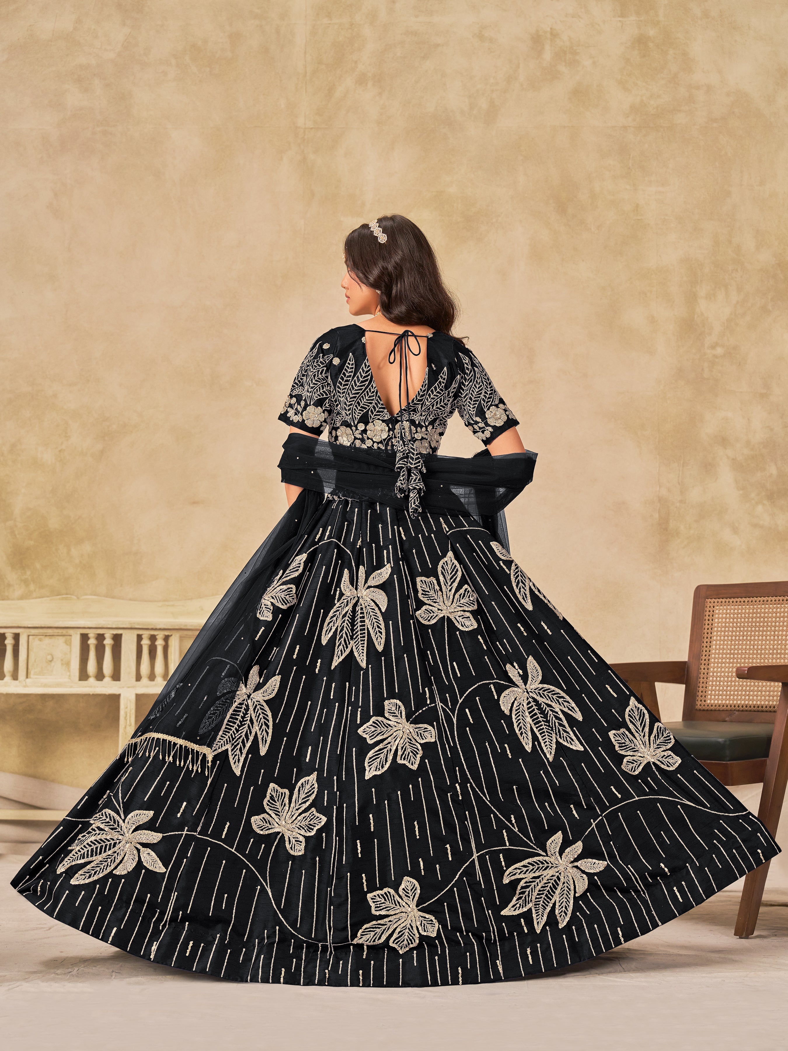 Black Embroidered Art Silk Reception Trendy Lehenga Choli