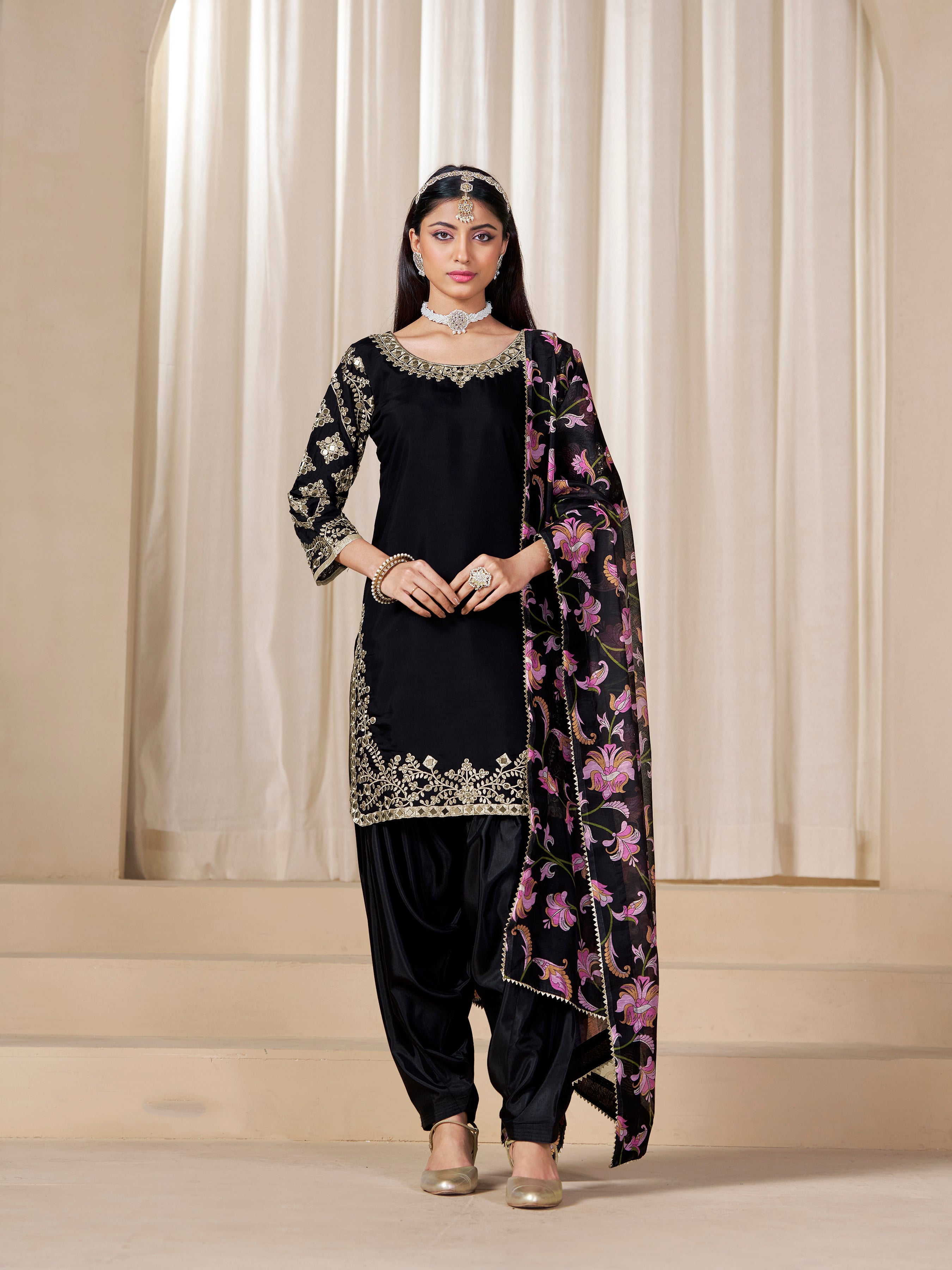 Black Embroidered Chanderi Silk Designer Patiala Salwar Suit