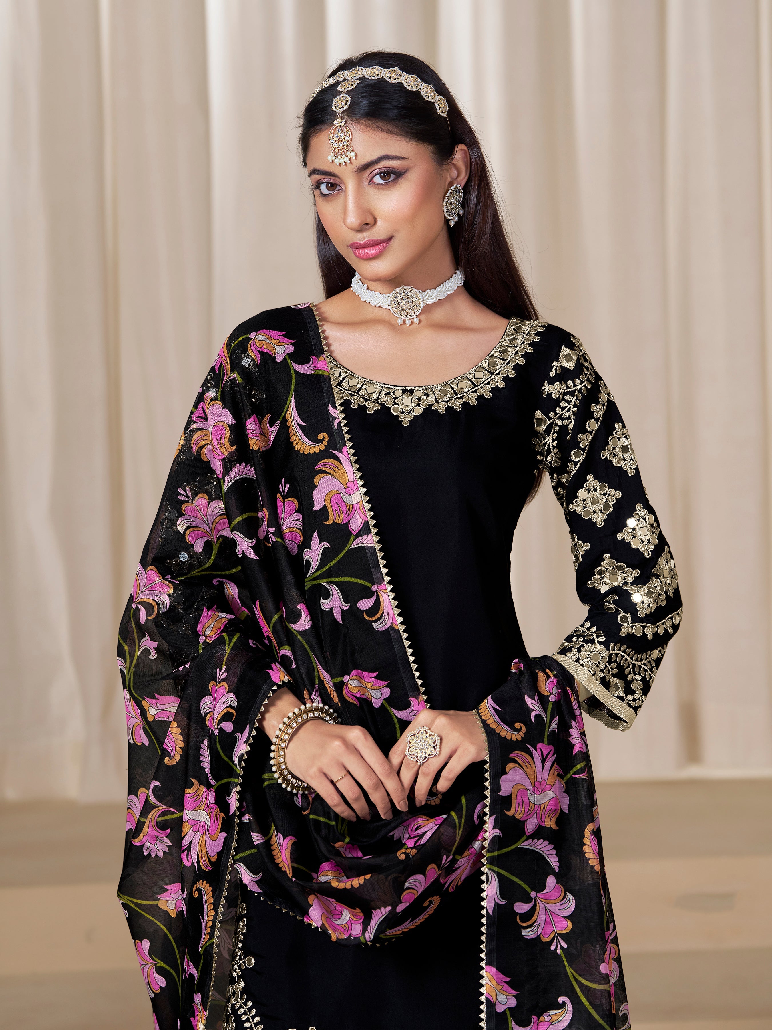 Black Embroidered Chanderi Silk Designer Patiala Salwar Suit