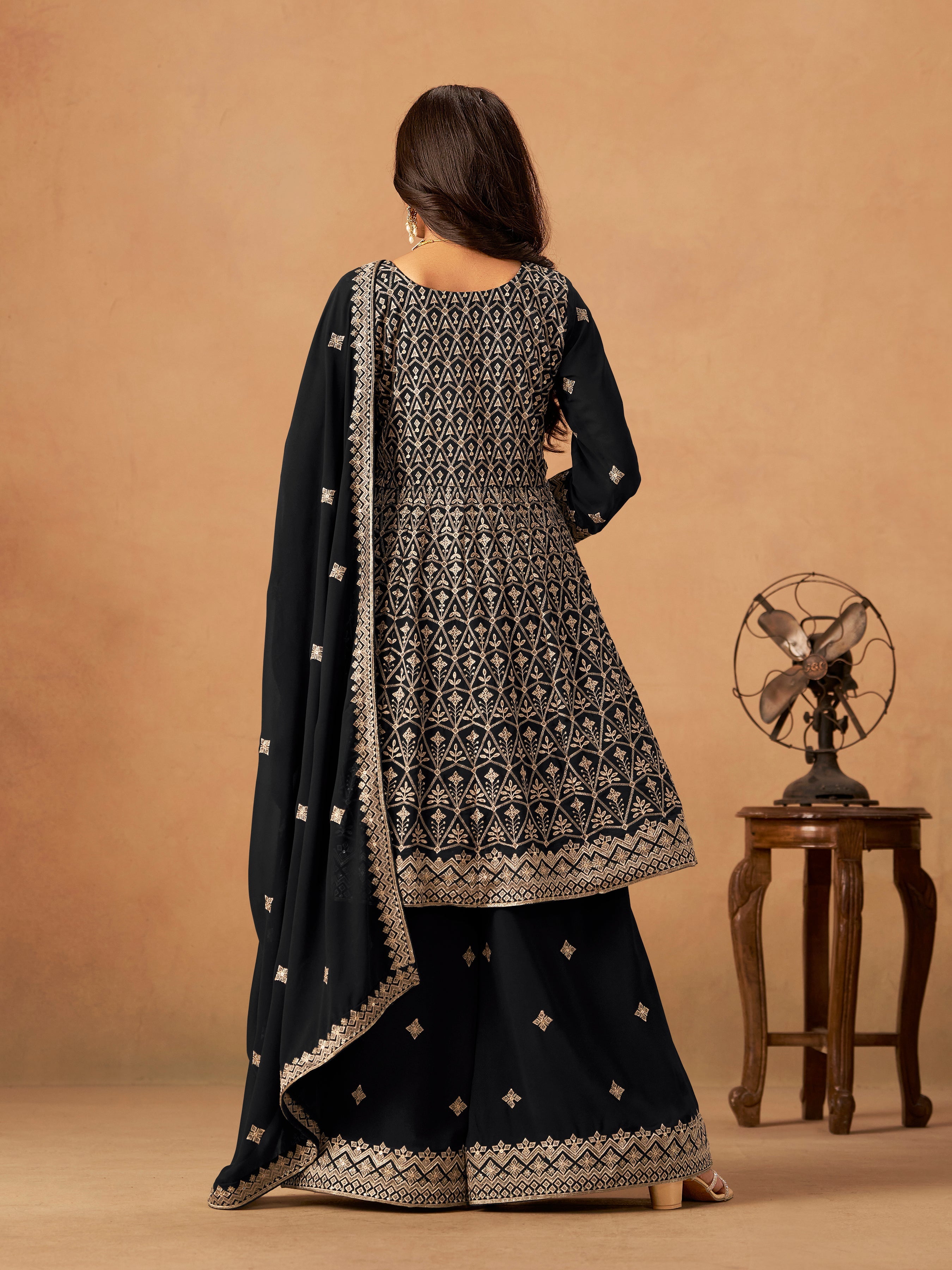 Black Embroidered Faux Georgette Trendy Palazzo Salwar Kameez