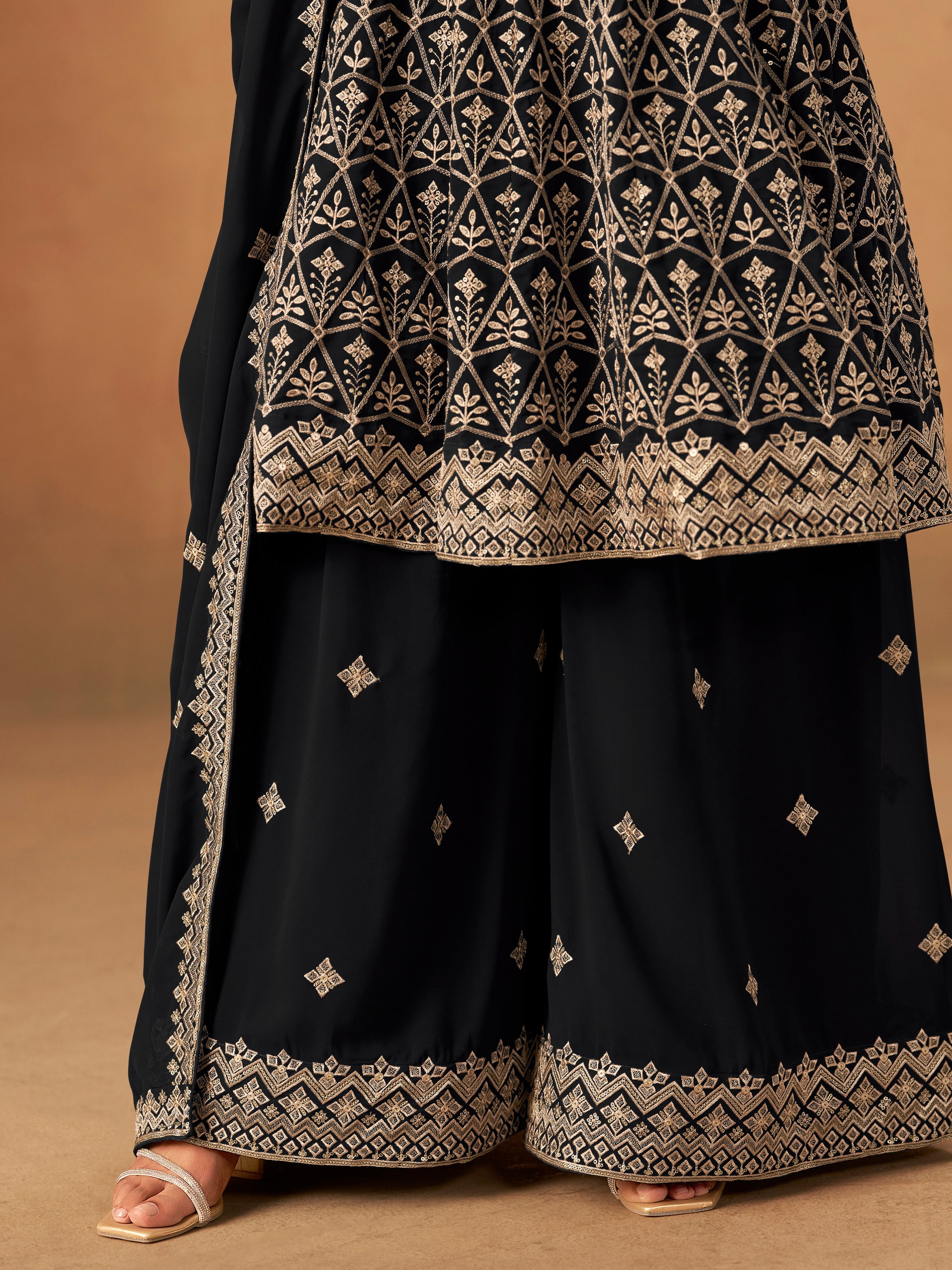 Black Embroidered Faux Georgette Trendy Palazzo Salwar Kameez