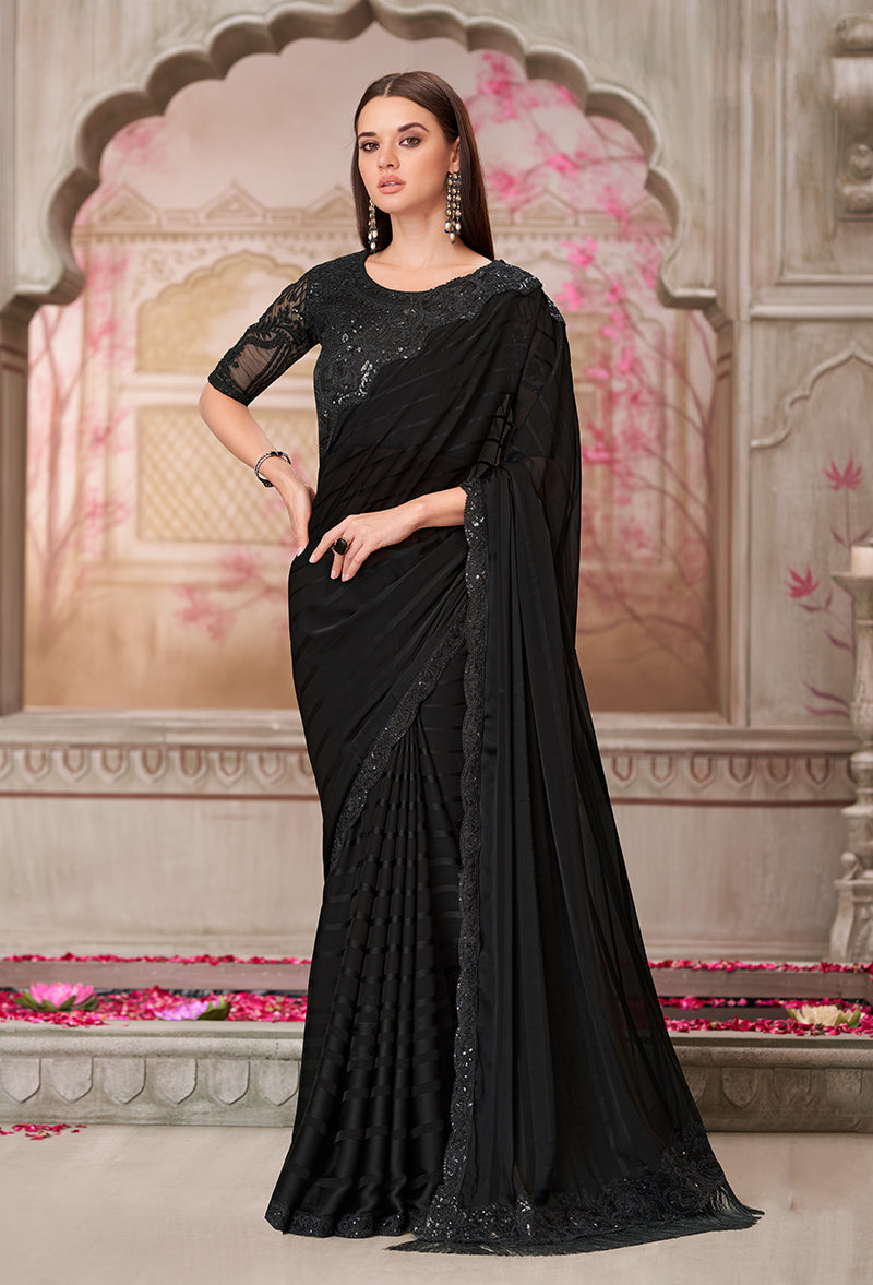 Black Georgette Embroidered Sequins Work Saree