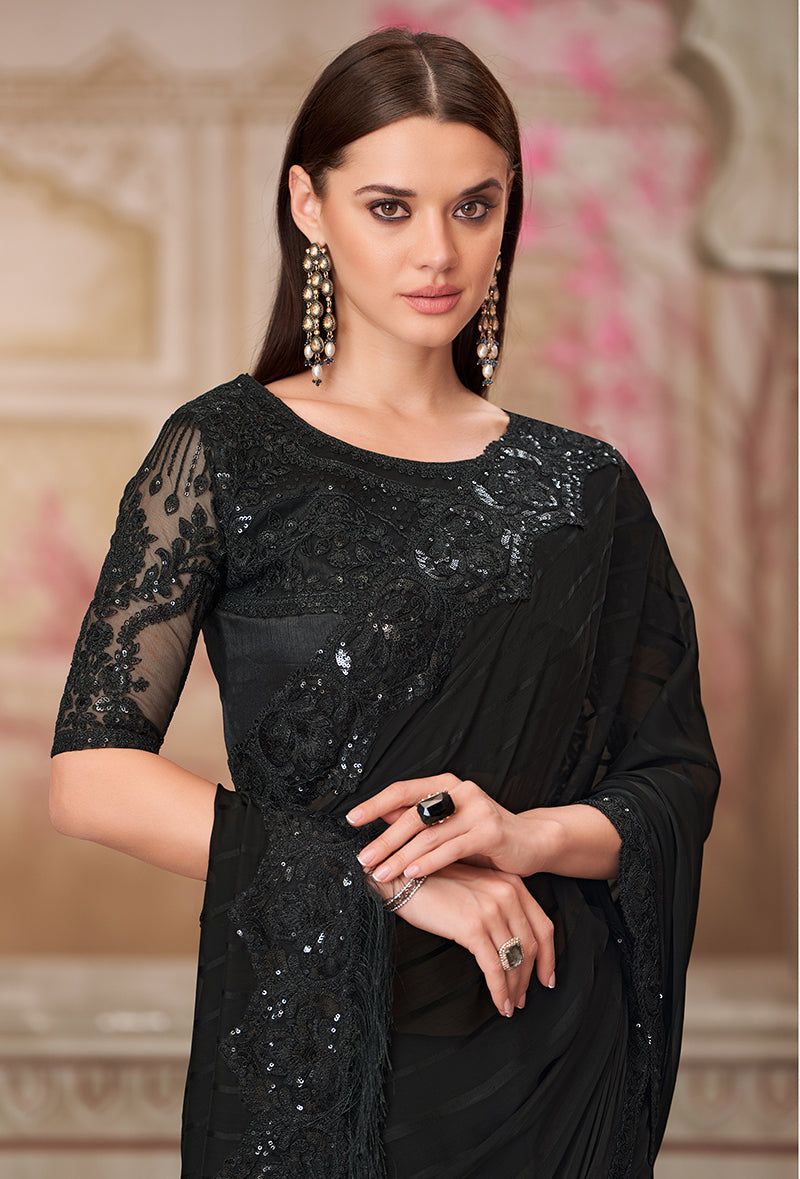 Black Georgette Embroidered Sequins Work Saree