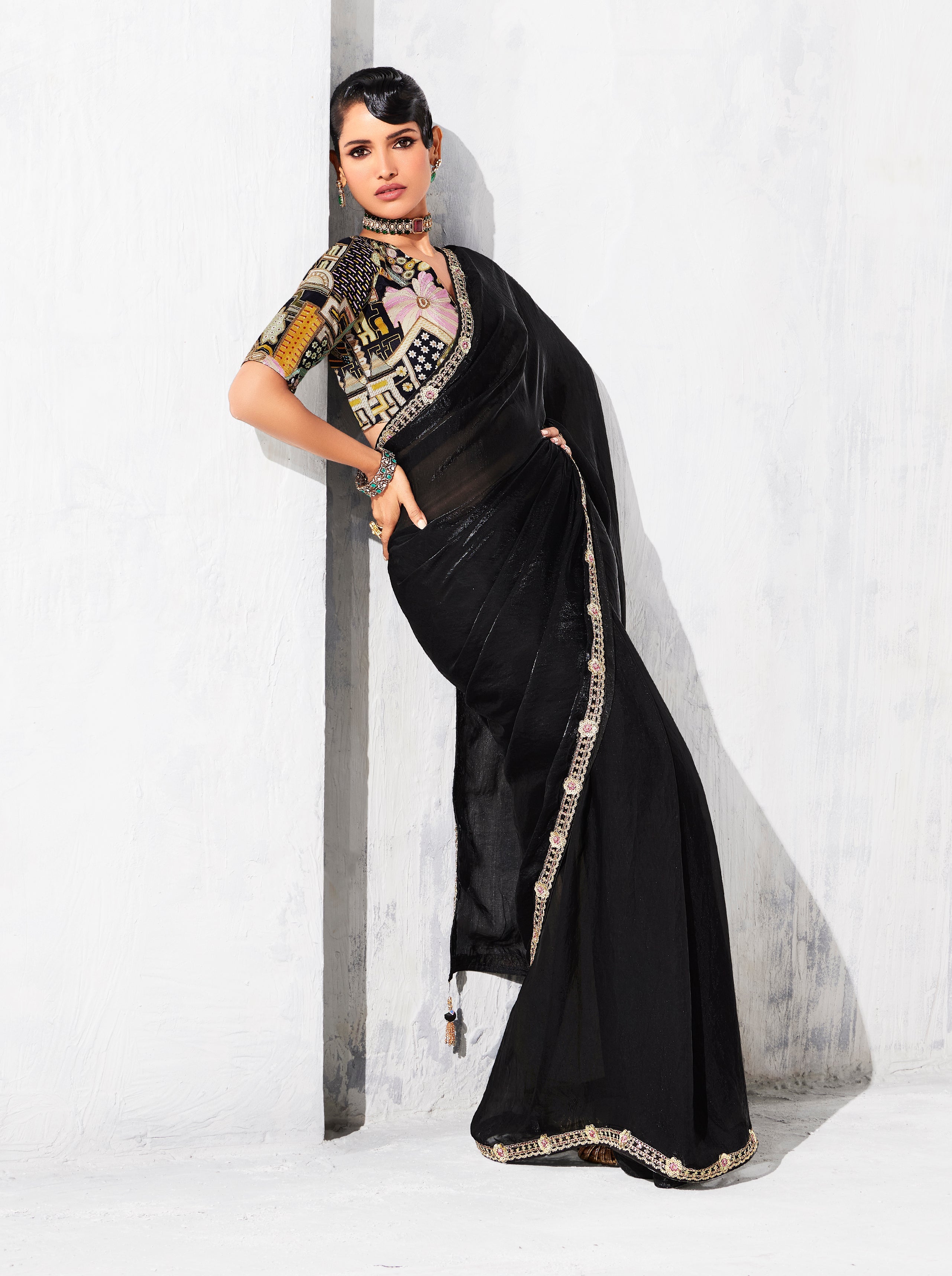 Black Fancy Fabric Embroidered Contemporary Saree