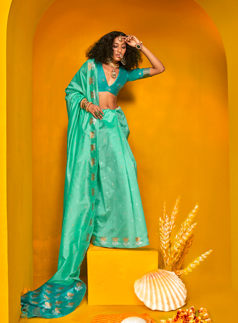 Sea Green Festive Tussar Silk Saree with Intricate Zari Work