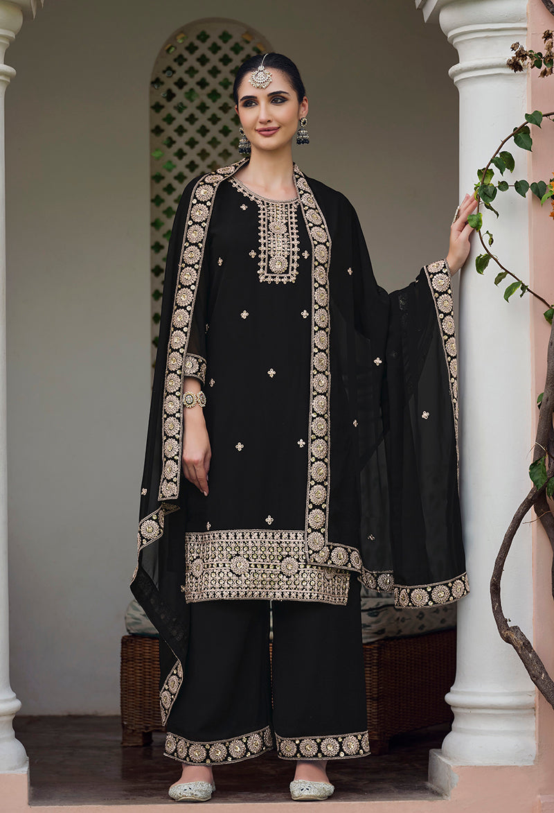 Black Georgette Embroidered Palazzo Salwar Kameez