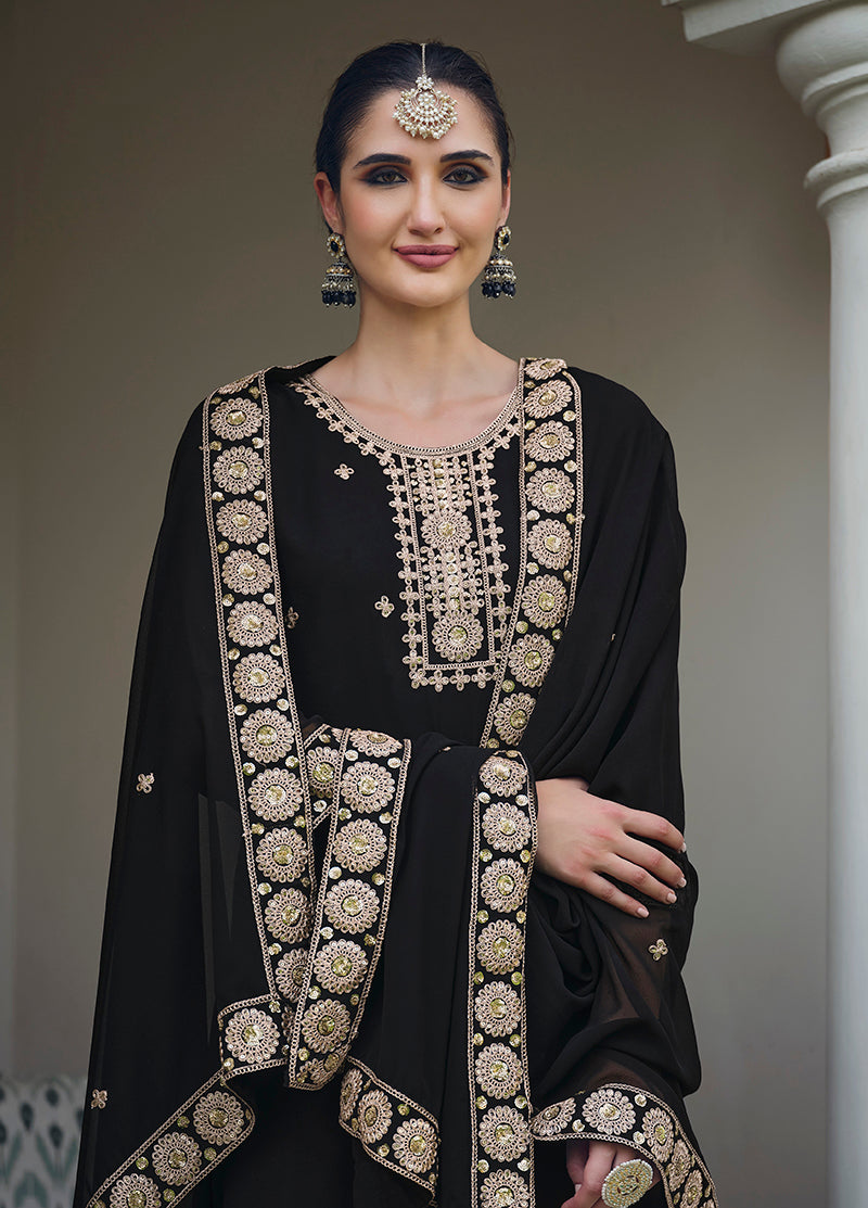 Black Georgette Embroidered Palazzo Salwar Kameez