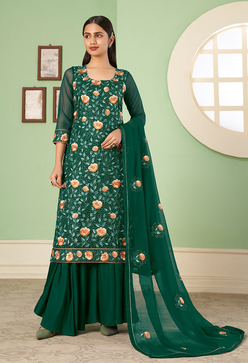Dark Green Georgette Embroidered Plazzo Salwar Kameez